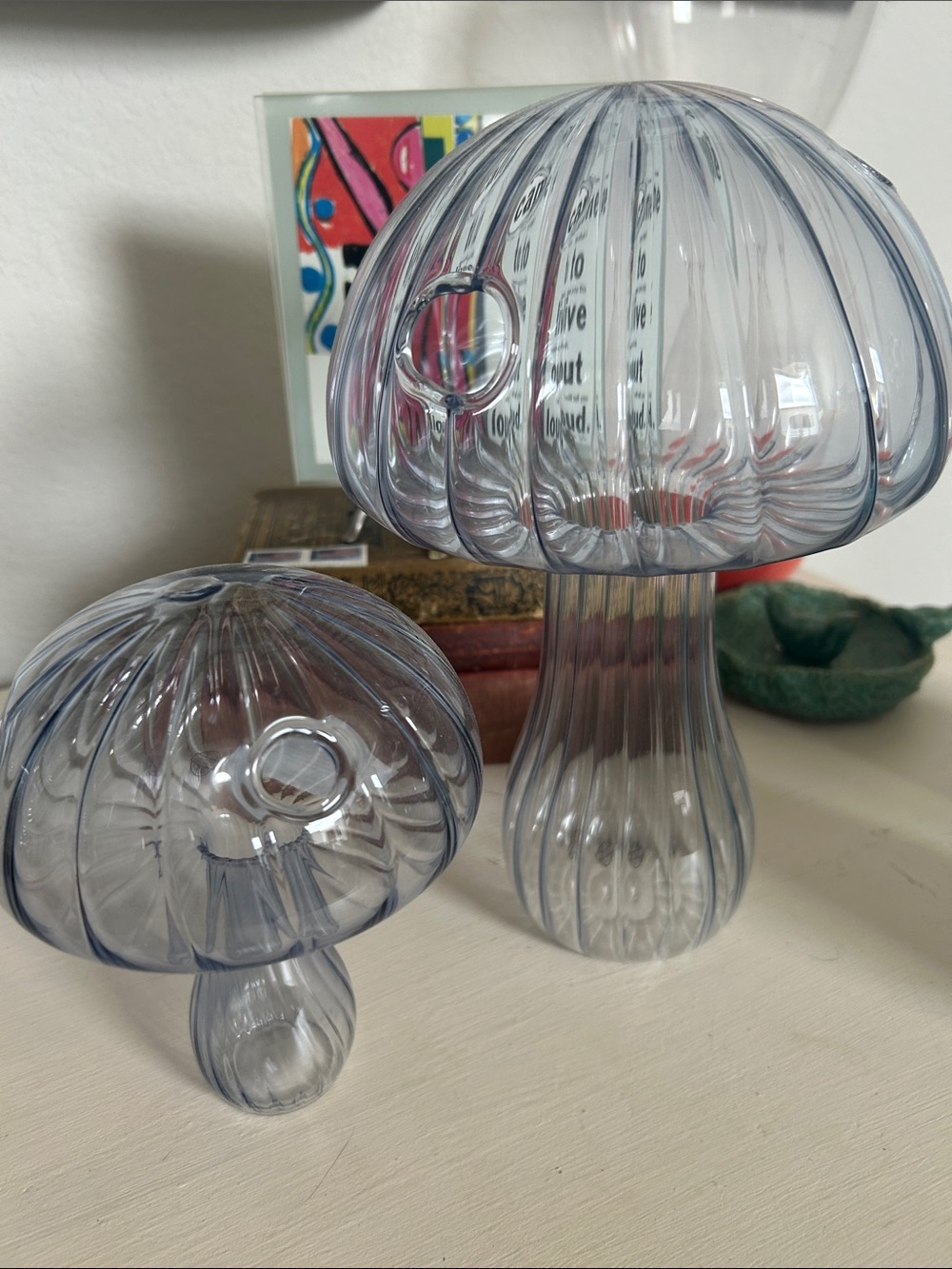 Smoky Blue Gray Glass Mushroom Accent Vases Sculptures - Set of 2